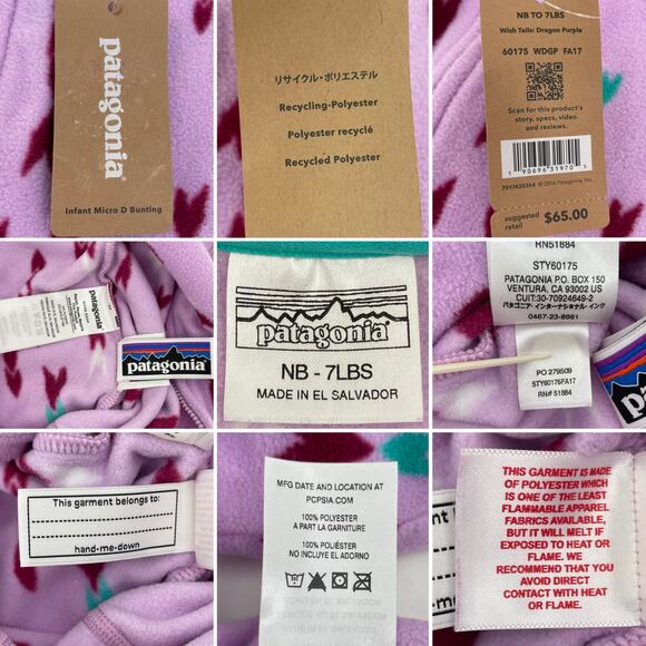 Patagonia Fleece Micro D Bunting Wish Tails Dragon Purple Baby Girl Size NB-7lbs - Picture 11 of 11